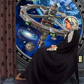 Digital, CGI, Space, Space Ships, Space Ship, Whistler's Mother, Space Station, Whistler, dress, mother, helmet, circle, window, drape, curtain, nebula, moon, Whistler's Mother In Space