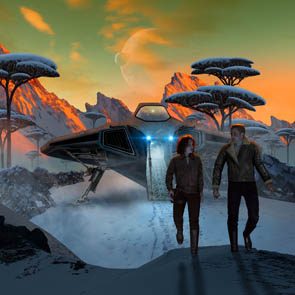 Carpe Diem, Steve Miller and Sharon Lee, mountains, alien, space ship, snow, trees