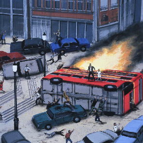 Sketch 409, The Changes, Peter Dickinson, bus, fire, white dress, London, sk_409