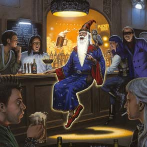 Painting, Wizard, Fantasy, bar, Greenwich Village, downtown, beer, drinks, Alcohol, pointy hat, levitate, specials, owl, clockwork, peanuts, sunglasses, Mattingly, beard, The Wizard of Greenwich Village