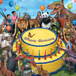 Cake, Children, Birthday, dinosaur, parrot, King Tut, balloon, lion, cheetah, penguin, Tutankhamun, astronaut, panda, camera, panda, stork, robot, anteater, coyote, candles, frosting, giraffe, antelope, otter, kangaroo, grass,