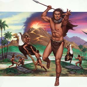 Burroughs, Edgar Rice, Edgar Rice Burroughs, Pellucidar, Tarzan, fantasy, run, spear, cape, necklace, bird, Prehistoric, emu, Pellucidar Series, Land Of Terror