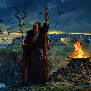 The Shaman at Dawn, fire, fur, birds, Skellig, fortress