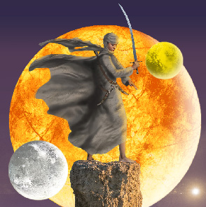 Three Moon Occluded, Peter L. Stafford, moons, sword, robe