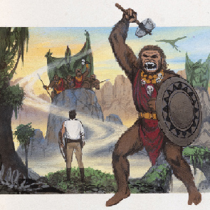 sk_560, sketch 560, ape, shield, axe, monster, Pellucidar, Edgar Rice Burroughs