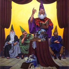 Painting, Wizards, Humor, beard, Stage, Robe, De Camp, L. Sprague, matt_064, pointy hat, The Wizard Convention, L. Sprague DeCamp