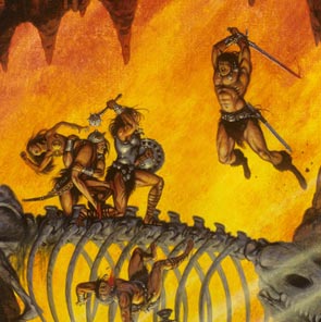 Painting, Fantasy, Barbarians, Barbarian, Fire, Bones, Conan, Attack On The Skeleton Bridge