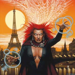 Painting, Wizards, Fantasy, Paris, Simon Hawke, The Wizard Of Rue Morgue, Hawke, Simon, cleavage, breasts, red hair, spell, Eiffel Tower, france, paris, circle, sun, monsters, 