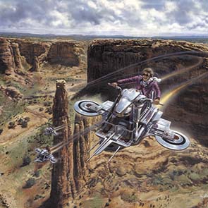 Painting, Science Fiction, Sky, Cycle, Motorcycle, Grand Canyon, Mattingly, flyers, rocks, spire, fly, matt_073, Flying High, Steranko, Mediascene, Roger Corman, 