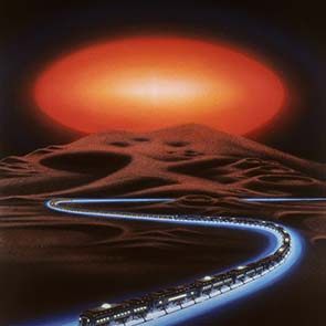 Painting, Science Fiction, Space Ships, Space Ship, Train, Dune, Shadow Of The Ship, Desert, Eye, Monorail, Fransen, Robert, red, glow, Robert Fransen