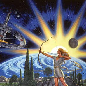 Painting, Fantasy, Heroes, Heroines, Planets, Planet, Legends, Archer, Moon, Earth, Space Station, Kingsbury, Don, Moon Goddess And The Son, Don Kingsbury