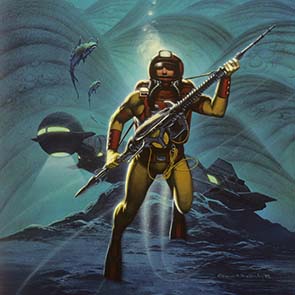 Painting, Science Fiction, Water, Rocks, Submarine, Scuba, Isaac Asimov, Asimov, Isaac, Lucky Starr, Starr, Lucky Starr and the Oceans Of Venus