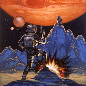 Painting, Science Fiction, Planets, Planet,Jupiter, Explosions, Space Suit, Mountains, Isaac Asimov, Asimov, Isaac, Lucky Starr, Starr, Lucky Starr and the Moons Of Jupiter