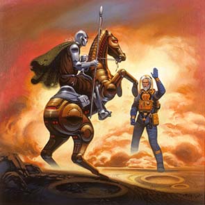 Painting, Science Fiction, Robots, spaceman, Knight, Horse, Dust, Cape, Spear, Code Of The Lifemaker, James Hogan, Hogan, James P, Code Of The Lifemaker, James P. Hogan
