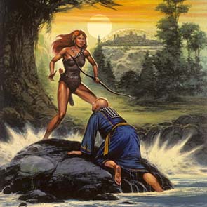 Painting, Fantasy, Warrior, Archer, Confrontation, Robe, Dome, Forest, Rock, Hughes, Monica, Devil On My Back, Monica Hughs