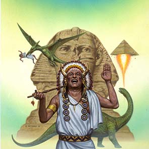 Painting, Fantasy, Humor, Indian, Sphinx, Dinosaur, Pipe, Headdress, Pyramid, Aquila And The Sphinx, Somtow, S.P.