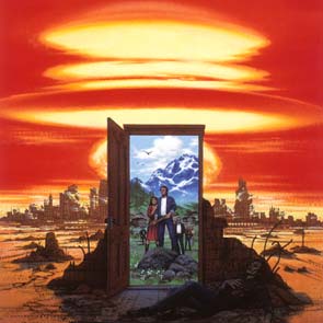 Painting, Dimensions, Science Fiction, Cataclysms, Nuclear, Explosions, Doorway, Mountains, Maddox, Tom, alternate, atomic, door, wilderness, ruins, devastation, The World Next Door