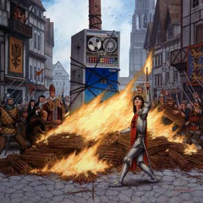 Painting,  Heroes, Heroines, Fantasy, Joan of Arc, Flames, Middle Ages, Village, Computer, village, priest, tower, banner, crowd, burning, torch, armor, Ingres, sword, Saint Joan And The Computer