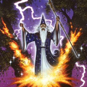 Painting, Wizards, Mythstree, Lightning, Simon Hawke, Wizard, Camelot, Hawke, Simon, tree, split staff, pointy hat, yell, explosion, The Wizard Of Camelot