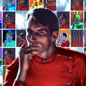 Computer, Generated, CGI,Grid, Portrait, Box, Red, Serious, false color, red, shirt, serious, eyes,