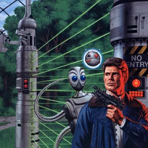 Painting, Heroes, Heroines, Robots, City, Future, Weapon, gun, Greenthieves, Laser, City, Red, Foster, Alan Dean, No Entry, beam, sphere, Alan Dean Foster