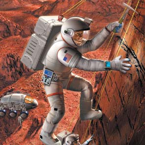 Computer, Generated, CGI, Science Fiction, Mars, Space Suit, Explorer, astronaut, helmet, wall, ax, rover, rope, mountains,