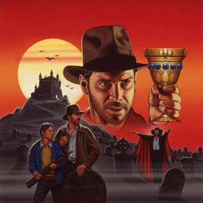 Indiana Jones,  Cup, Vampire, Grave, graveyard, hat, whip, kid, sidekick, castle, hill graves, sun, moon, bats, capes, rifle, glasses, Indiana Jones And The Cup Of The Vampires
