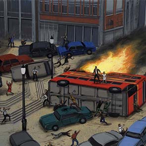 sketch 021, The Changes, Douglas Hill, bus, fire, Trafalgar Square, London, sketch